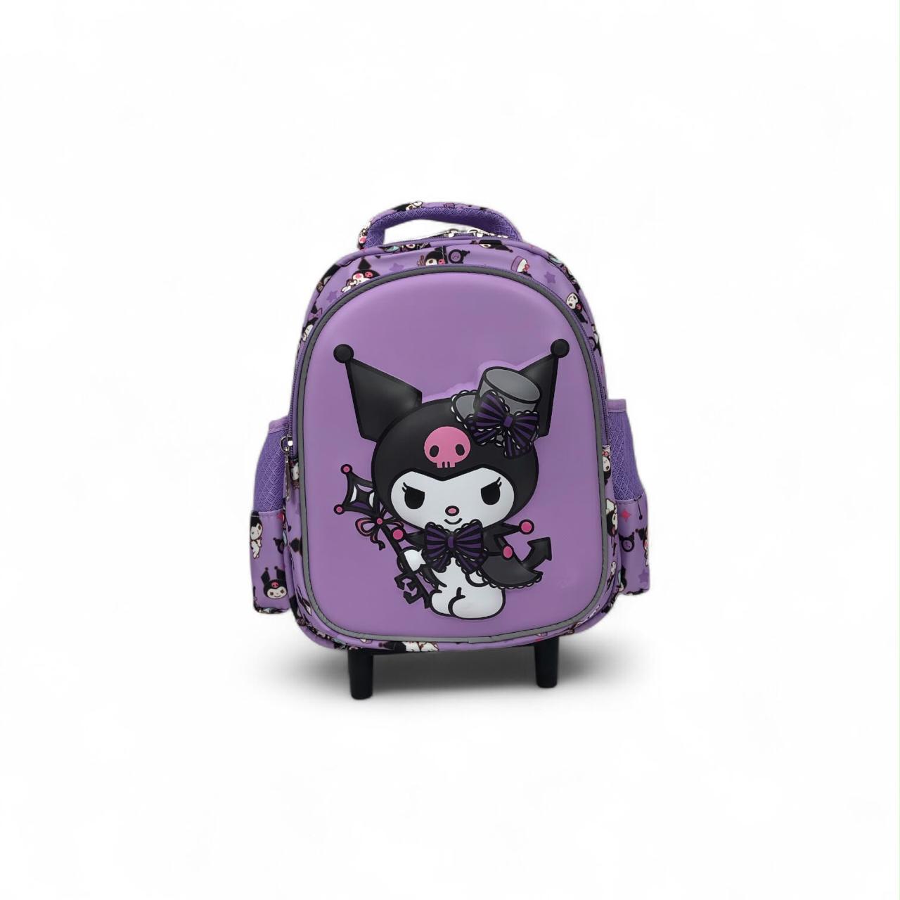 Purple character trolley backpack with front Kuromi cat illustration and small wheels